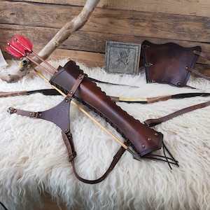 ARCHERY-Leather BACK Arrow QUIVER / Quiver for Arrows - 3 point straps "Medieval Orc Fantasy Simple Version-Antique brown" without armguard