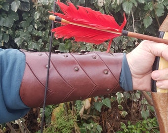 ARCHERY Leather Arm BRACER/ARMGUARD "Antique mahogany-carved, riveted"