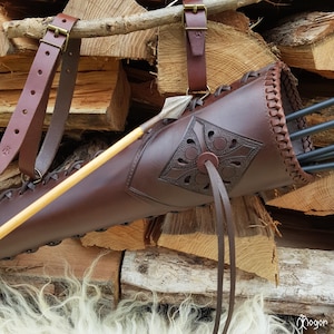 Leather Archery Quiver: Brown Side Arrow Quiver, Medieval Cross Design