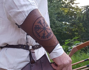 ARCHERY Leather Arm BRACER/ARMGUARD "Antique Brown-Viking Vegvisir"