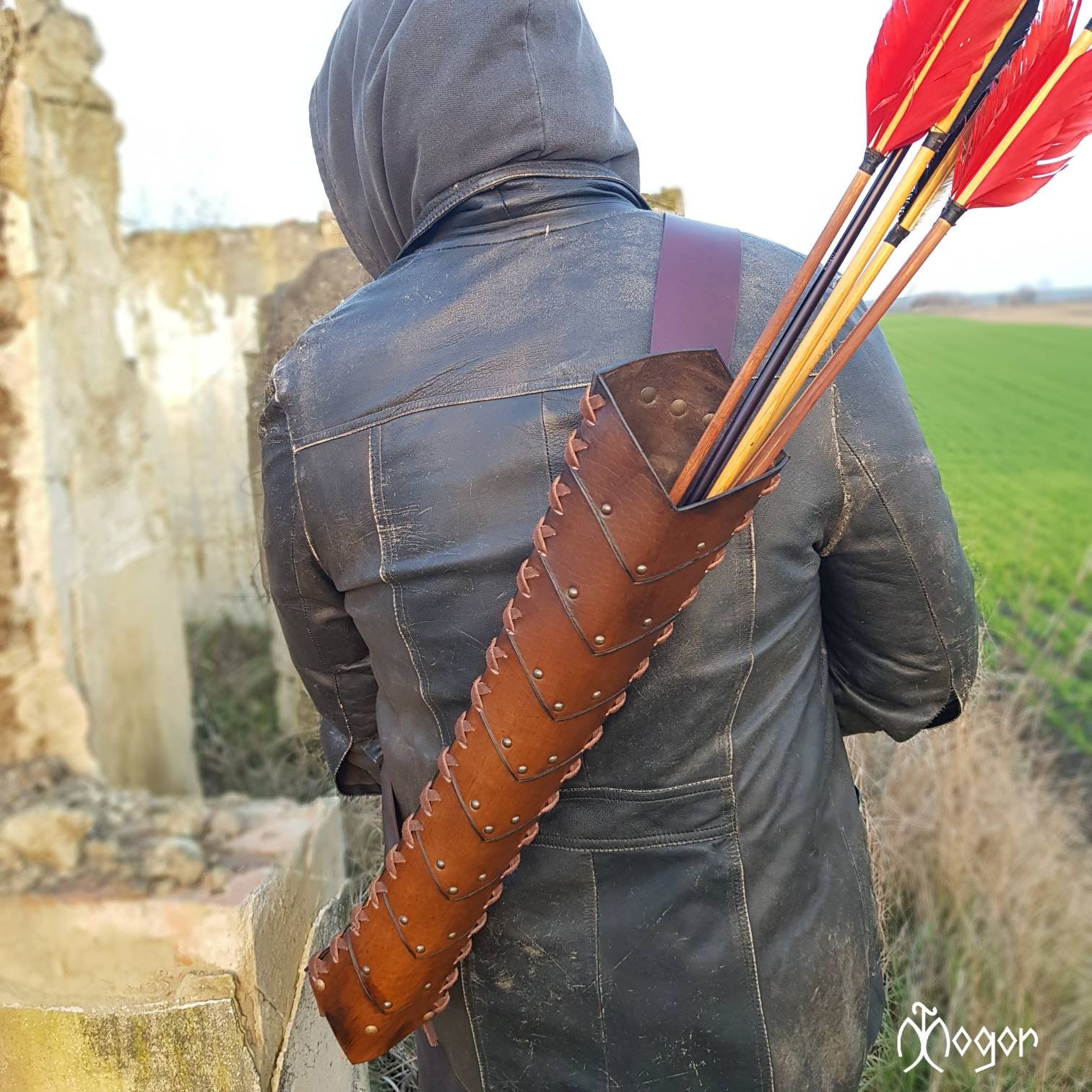 IRQ Archery Leather Recurve Bow Bag Quiver Back Waist Arrow Holder Hunting Black 