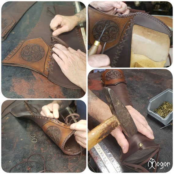 Carquois avec flèches latérales en cuir : tir à l'arc traditionnel, triskele celtique - France