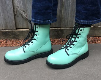 Mint Green Vegan Leather Combat Boots Etsy UK