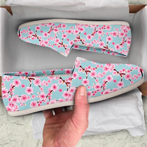 Womens Casual Canvas Flat Loafer Shoes Cherry Sakura Print