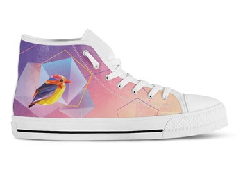 High Top Sneakers Geometric Bird Print Canvas Hi Tops Custom Sneakers Vegan Shoes Birthday Gift Purple Shoes Green Sneakers