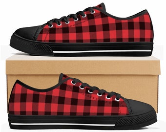 red and black buffalo plaid tennis shoes