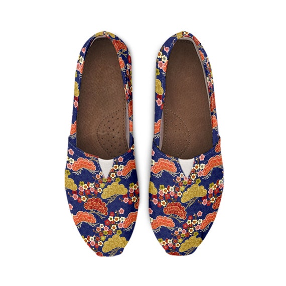 Womens Casual Canvas Flat Loafer Shoes Cherry Sakura Print
