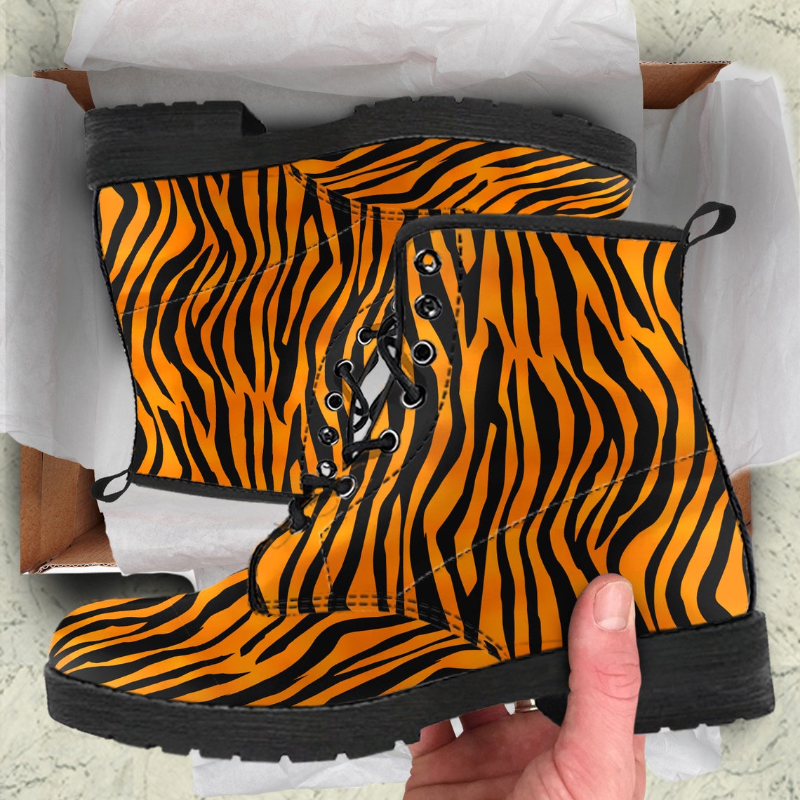 Tiger Stripes Combat Boots Animal Print Vegan Leather Boots Etsy