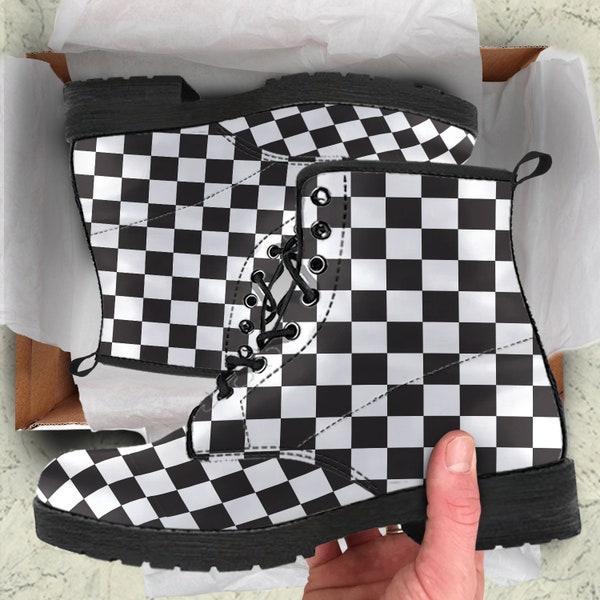 Black and white checkerboard vegan leather combat boots