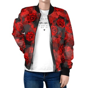 black jacket with red roses