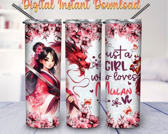 Just A Girl Who Loves Princess Cartoon 20oz Skinny Tumbler Wrap PNG Sublimation, Cartoon Tumbler Straight and Tapered PNG Digital Download