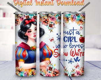 Just A Girl Who Loves Princess Cartoon 20oz Skinny Tumbler Wrap PNG Sublimation, Cartoon Tumbler Straight and Tapered PNG Digital Download