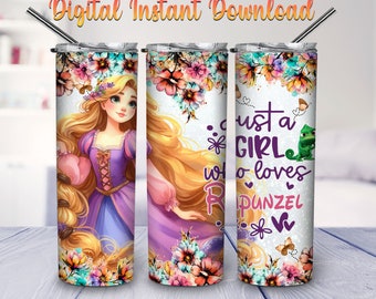 Just A Girl Who Loves Princess Cartoon 20oz Skinny Tumbler Wrap PNG Sublimation, Cartoon Tumbler Straight and Tapered PNG Digital Download