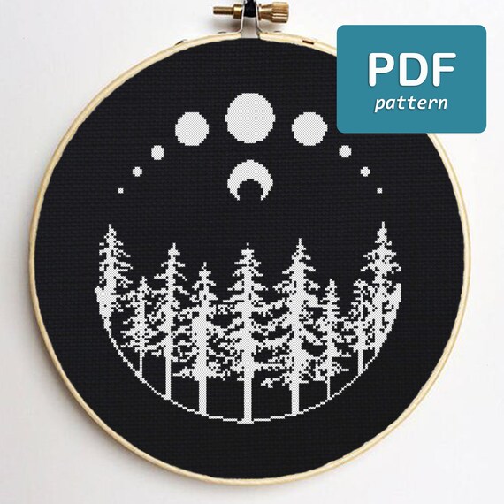 Moon Forest Cross Stitch Pattern Black And White Cross Stitch Etsy