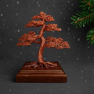 Copper Wire Bonsai Tree: Handmade Sculpture with Wood Base