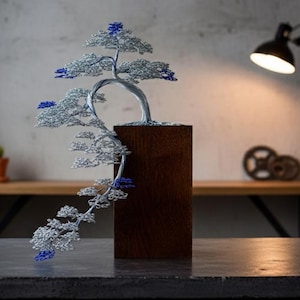 Blue Wire Bonsai Tree Sculpture: Engraved Oak Base, Japanese Decor