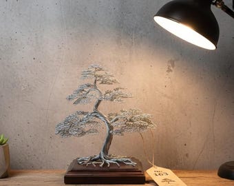 Gravierter Draht Bonsai Baum: Handgefertigte Silber Skulptur, Zen Decor Einzigartiges Weihnachtsgeschenk