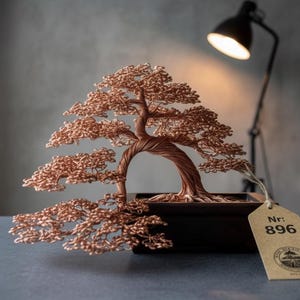 Bonsaï cuivré dans un pot en chêne | 7e anniversaire de mariage en cuivre | Sculpture en cuivre | Dédicace gravée | Décoration de méditation | Feng Shui |