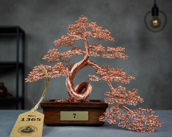 Brass Bonsai Tree in Oak Pot: 7th Anniversary Engraved Gift