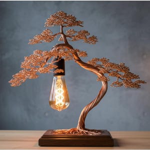 Copper Bonsai Tree Lamp: Handmade Wire Art, Engraved Base