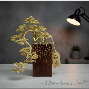 Brass Wire Bonsai Tree: Engraved Oak Base, Zen Decor
