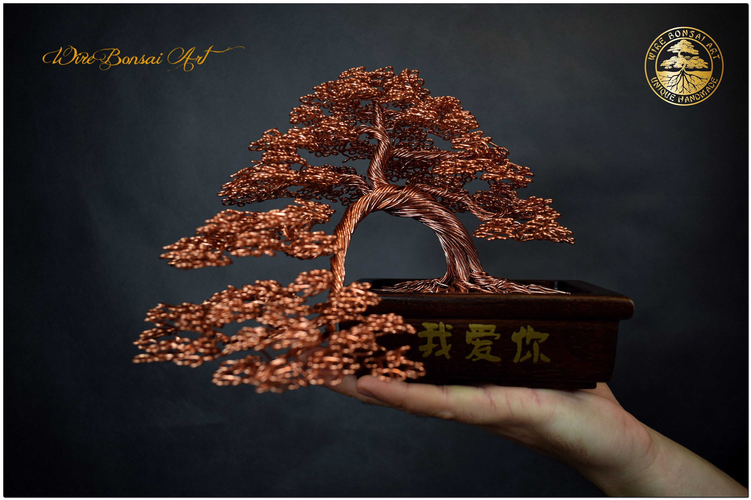 Bonsai in filo di rame in un vaso di quercia / Dedica incisa / Decorazione  da meditazione / Feng Shui / Decorazione domestica giapponese / Regalo per  la casa / -  Italia
