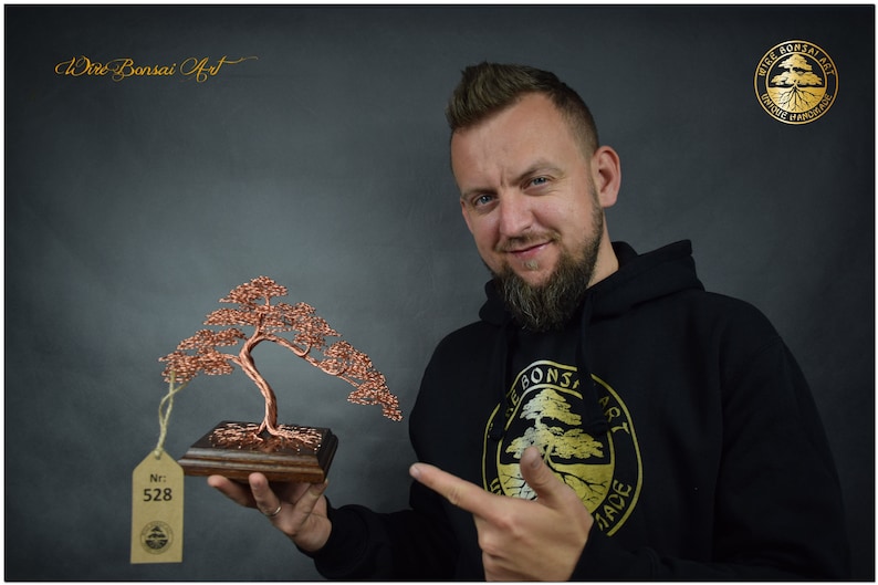 May include: A person holding a copper wire bonsai tree sculpture on a wooden base. The sculpture is numbered 528. The person is wearing a black hoodie with a gold logo that says "Wire Bonsai Art" and a tree design.