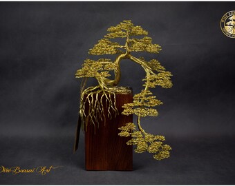 オーク材の鉢に入った真鍮ワイヤー盆栽：刻印入りギフト - Etsy 日本