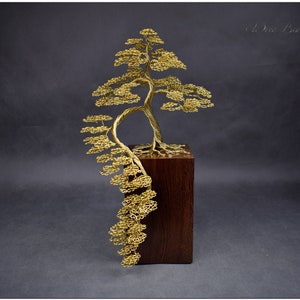 Draht Bonsai Baum aus Gold Messing Draht | Gravierte Widmung | 50-jähriges Jubiläum | Goldenes Jubiläum | Messing Skulptur | Feng Shui Baum |