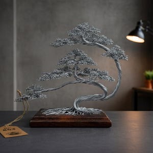 Handmade Wire Bonsai Tree: Engraved Tree of Life, Meditation Decor