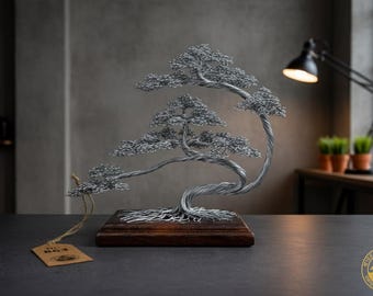 Handmade Wire Bonsai Tree: Engraved Tree of Life, Meditation Decor