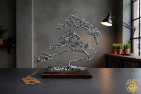 Handmade Wire Bonsai Tree: Engraved Tree of Life, Meditation Decor