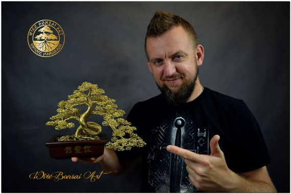 オーク材の鉢に入った真鍮ワイヤー盆栽：刻印入りギフト - Etsy 日本