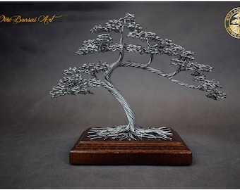 Mini Wire Bonsai Made of Steel Wire | Engraved Dedication | Bonsai Accessories | Lucky Tree | Oak Wood | Oriental Gift | Metal Sculpture |