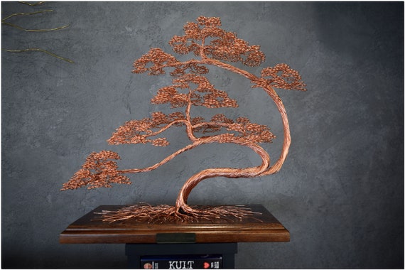 Large Wire Bonsai Tree: Engraved Tree of Life, Japanese Zen