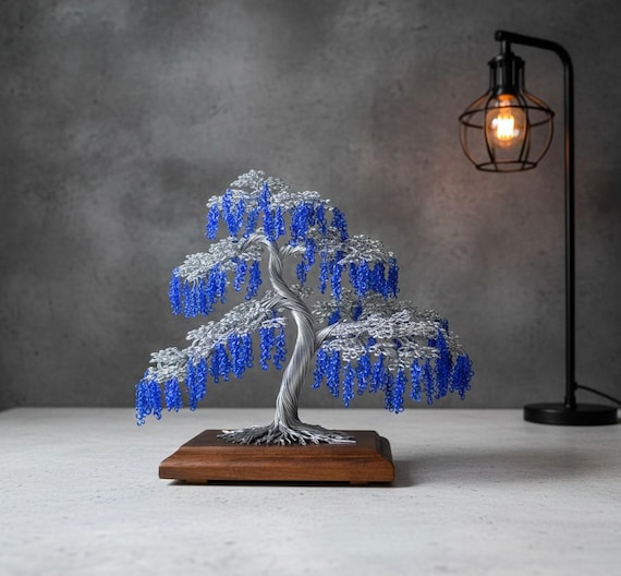 Wisteria Wire Bonsai Tree | Blue Flowers | Metal Tree | Engraved Dedication | Indoor Tree | Faux Tree | Meditation Decor | Japan Garden |