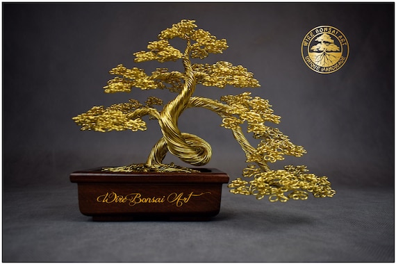 オーク材の鉢に入った真鍮ワイヤー盆栽：刻印入りギフト - Etsy 日本