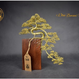 Brass Wire Bonsai Tree: Engraved Metal Sculpture, Oak Base