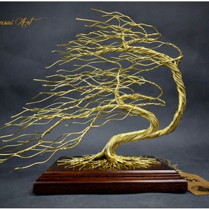 Handmade Brass Wire Bonsai Tree: Engraved Tree of Life Decor