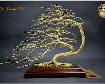 Windy  Brass Wire Bonsai Tree | Tree of Life | Engraved Dedication | Gold Anniversary | Metal Tree | Meditation Decor | Feng Shui |