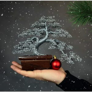 Stahldraht Bonsai Baum im Eichentopf | Weihnachtsgeschenk | Gravierte Widmung | Japanische Dekoration |