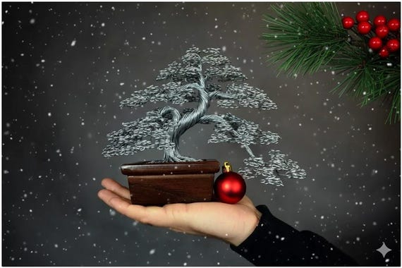 オーク材の鉢に入ったスチールワイヤー盆栽 | クリスマスギフト | 彫刻 