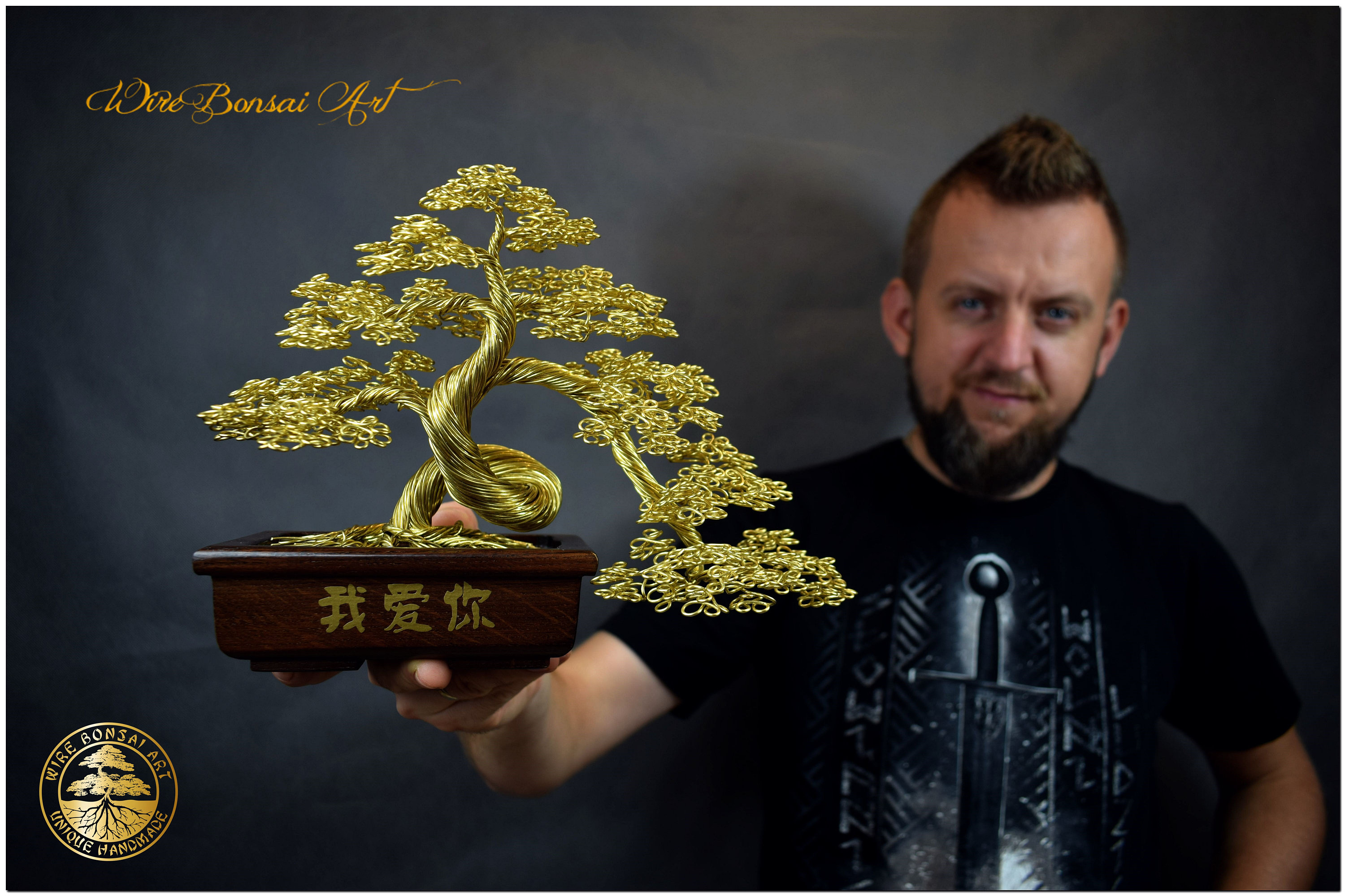 オーク材の鉢に入った真鍮ワイヤー盆栽：刻印入りギフト - Etsy 日本