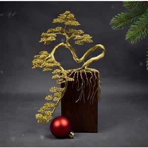Brass Wire Bonsai Tree: Engraved Wooden Base, Feng Shui Zen Decor Uniue Christmas Gift