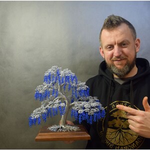 May include: A silver wire sculpture of a weeping willow tree with blue beads for leaves. The tree is on a wooden base and is being held by a person wearing a black hoodie with a tree logo.