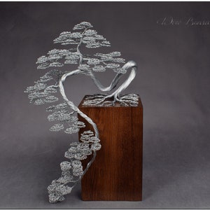 Handcrafted Wire Bonsai Tree Sculpture: Engraved Oak Base, Japanese Home Decor