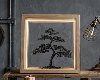 黒の盆栽型ランプ：手作りのワイヤーアート、彫刻入りベース、タッチスイッチ