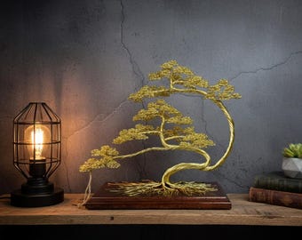 Handmade Brass Wire Bonsai Tree: Engraved Tree of Life