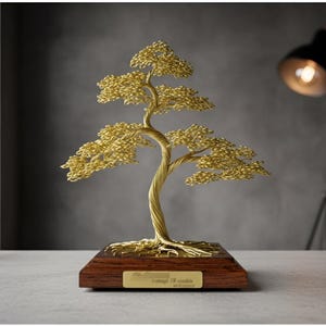 Engraved Brass Wire Bonsai Tree: Gold Anniversary Zen Decor Loft Deco