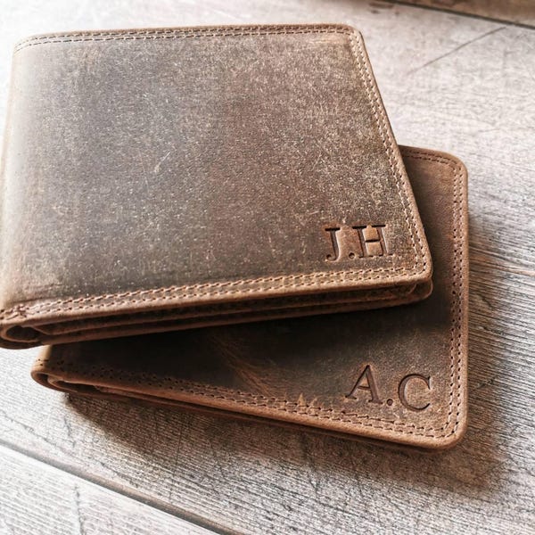 Personalised Leather Wallet for Men – Rustic Trifold with Initials – Father's Day Gift